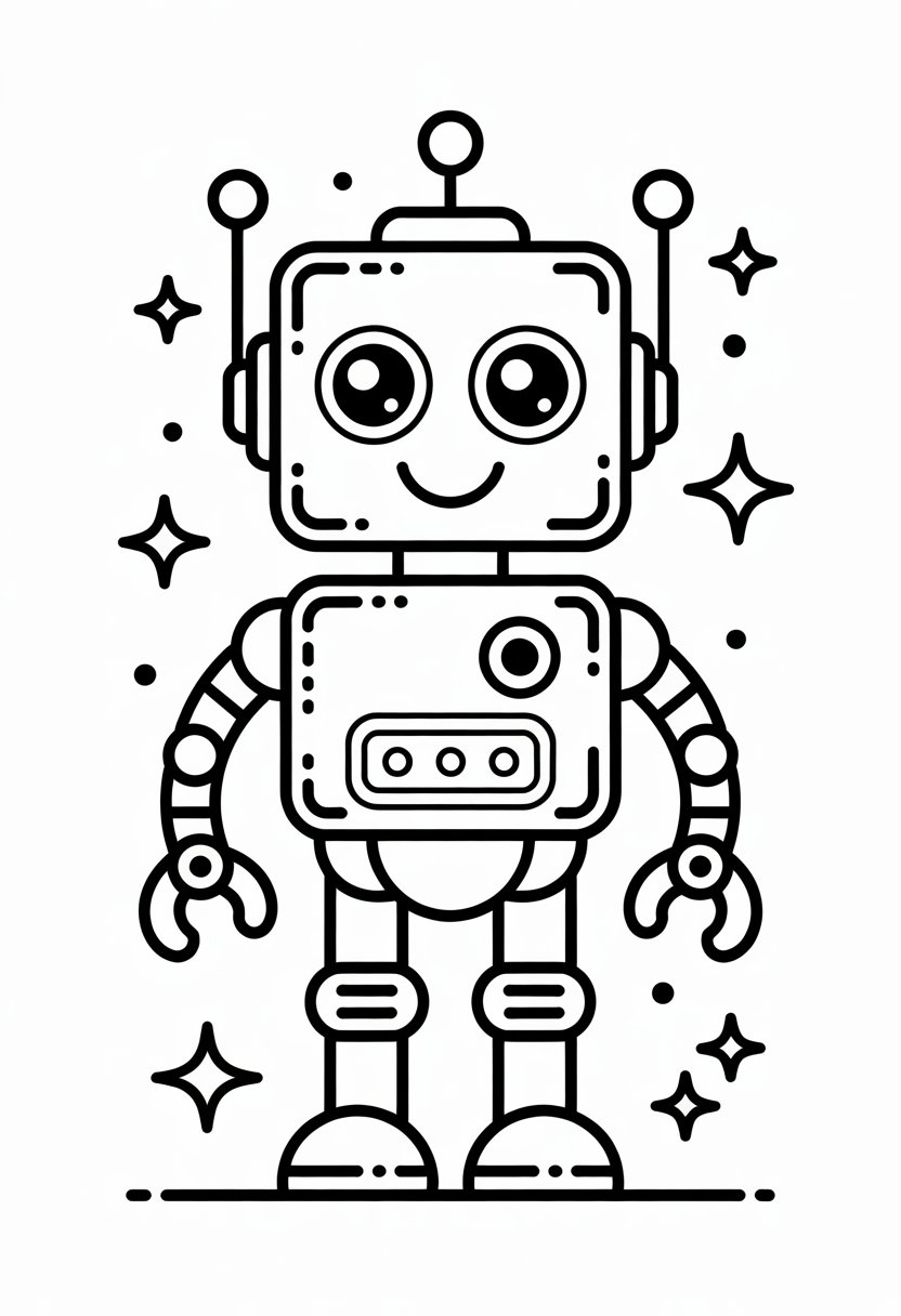 Coloring Pages Cute Ideas for Kids: 21 Engaging Designs to Inspire Creativity 39 A friendly robot with round eyes and a smiling mouth, standing with arms slightly bent, surrounded by small stars and gears.